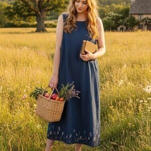 Vintage 90s Denim &‎ Co. 1X Blue Cotton Chambray Dress Floral Embroidered Hem